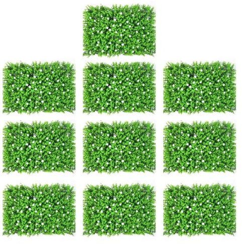 SANRLO 10 Uds. Paneles Verdes Boj Sintético Alfombra Césped Sintético con Flores Realistas Y Resistentes para Decoraciones Hogar Y Oficina