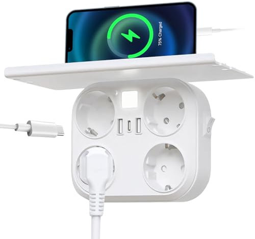Behogan Steckdosenleiste 4 Fach, Steckdose Erweiterungen 4 Steckdosen mit 2 USB & 1 USB-C Ports Steckerleiste Steckdosenadapter, 4-Fach Steckdosenleiste Steckdose für Büro Hause,Mehrfachstecker 16A