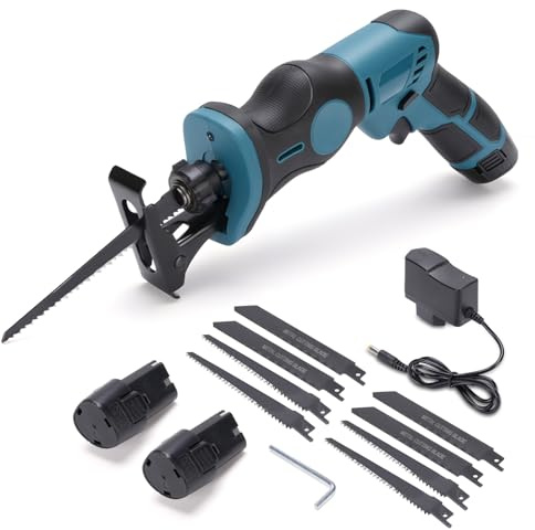 WODHMIEY Mini-Säbelsäge 12V, Kabellose Säbelsäge mit 2000mAh Lithium-Ionen, 2400 U/min, 90° Schneidwinkel, Holz- und Metall-Sägeblätter, Kompakt & Ergonomisch, für Heimwerkerprojekte (2x