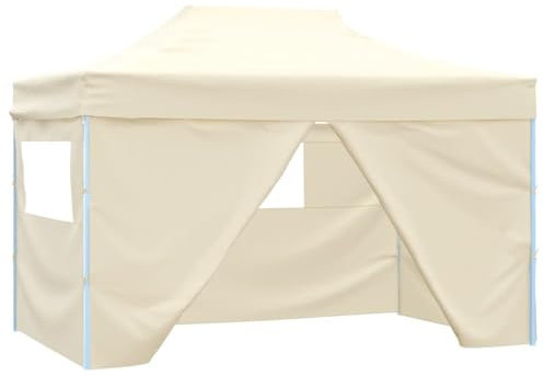 Homgoday Vikbart tält pop-up med 4 sidodelar 3 x 4,5 m krämvit vikbar paviljong festtält, trädgårdspaviljong för utomhus, trädgård, camping