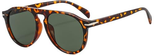 Long Keeper Lunettes de Soleil Homme Femme Pilote Classique Lunette de Soleil Ronde Retro Unisexe Annee 70 Lunette Ronde Protección UV400 pour Conduire Voyage (Léopard Monture - Lentilles Vert Foncé)
