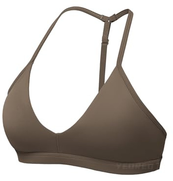 YEOREO Sports Bras for Women Strappy Padded Halter Ericie Open Back Light Impact Deep V Neck Yoga Workout Gym Tops Coffee S