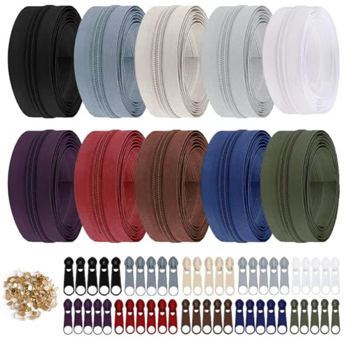 Reißverschluss Endlosreißverschluss mit Zipper, 30M 10 Farben Reisverschluss Endloses #5 Nylon Endlosreißverschluss Set mit 50 Zipper und 100 Endstück für Nähen, Basteln und Tasche (10 Farbe Dunkel)