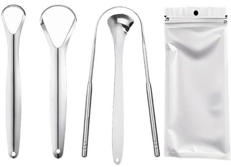 MKEAWWU Pulisci Lingua (4 Pezzi), Nettalingua In Acciaio Inox, Tongue Scraper, Pulizia Lingua Ridurre L'Alito Cattivo
