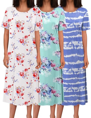 Ekouaer Women's Nightgowns 3 Pack Long Sleepshirt Short Sleeve Sleepwear Soft Night Shirts