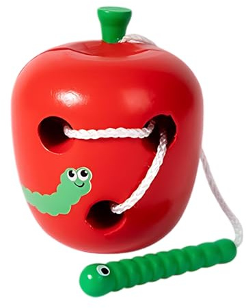 Threading Toys for 2 Year Olds, Wooden Lacing Threading Toy Apple, Montessori Early Learning Fine Motor Skills Development Toy for Kids Toddlers, 1.9x2.2 Inches, Birthday Toys