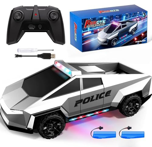 Tecnock Voiture télécommandée pour enfants, échelle 1:18, voiture de police avec lumières LED, 2 batteries rechargeables, voiture RC tout-terrain 2,4 GHz, jouet cadeau pour garçons et filles de 3 à 12