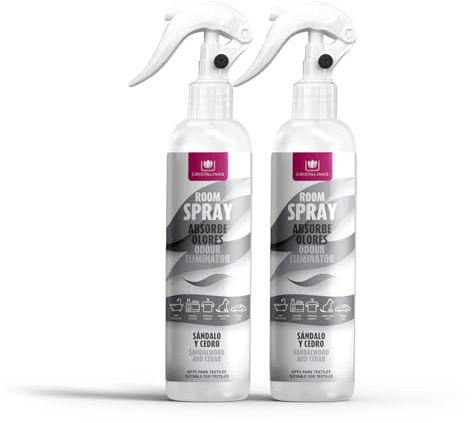 CRISTALINAS | Pack 2 Aerosol Ambientador Spray Pulverizador Absorbe Malos Olores | Para Casa, Cocina, Baño, Coche | Apto para Textiles | 2x250ml | No Contiene Gas (Sándalo y Cedro)