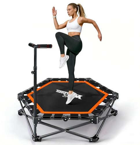 Worldgeil Trampolin Indoor Klappbar - Mini Trampolin mit Höhenverstellbarer Handgriff - Tragkraft 150 kg - Ø 86.5 cm - Jumping Trampolin Fitness für Erwachsene & Kinder - Sport Geräte für Zuhause
