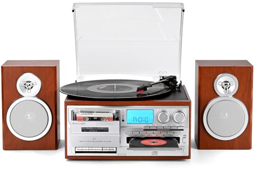 SeasonlifeÂź 10 in 1 Record Player with External Speakers, Retro Red Brown