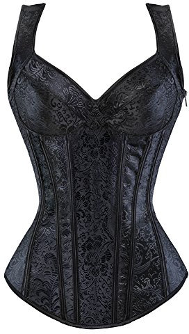 Grebrafan Straps Jacquard Weave Halter Corset Gothic Punk Basque Bustier Shapewear (UK(10-12) L, Black)