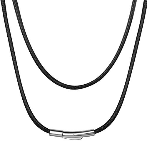 ChainsHouse Leather Necklace Cord with Clasp, 2MM 18 Inches Black Rope Necklace for Men, 316L Stainless Steel Waterproof Leather Necklace Gift for Men