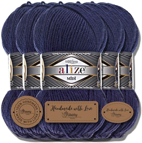 Hobby YARN 3x Etikettenlabel mit Alize Superlana Midi Wolle Premium 5x100g als Set, Yarn, Garn, Strickgarn, Einfarbig, Baby, zum Häkeln, Stricken, Kleidung, Schals (Navy | 58)