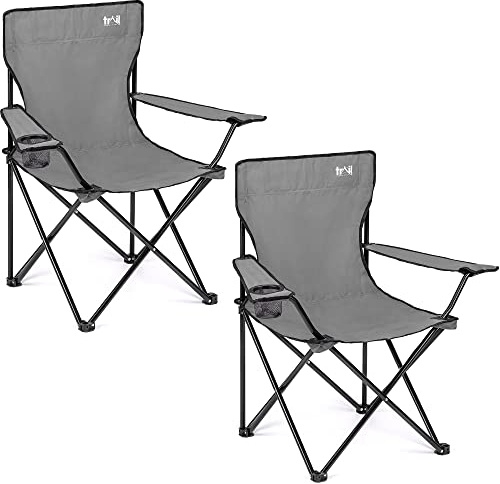 Trail Folding Camping Chair – 2 Pack, Lightweight Outdoor Chair with Cup Holder Armrest, Heavy Duty Tubular Steel Frame, Fast-Drying Polyester, Carry Bag, 100kg Capacity (Grey)