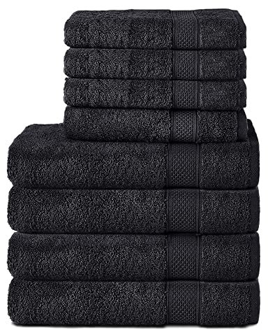 Komfortec 8er Handtuch Set aus 100% Baumwolle, 4 Badetücher 70x140 und 4 Handtücher 50x100 cm, Frottee, Weich, Towel, Groß, Schwarz