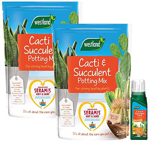 Westland Cacti & Succulent Growing Bundle - Peat Free Succulent Potting Mix Compost with Seramis 4L x 2 Bags & Cactus Feed Concentrate 200ml. House Plant Compost Food with Topline Card.