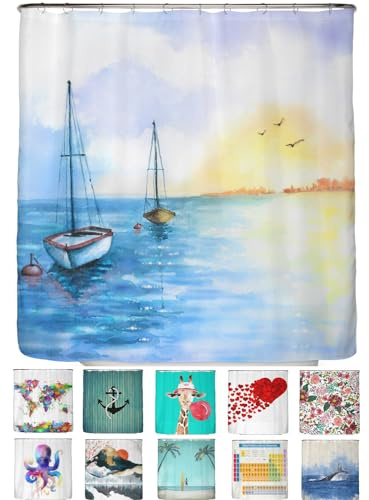 arteneur® - Segelboot - Anti-Schimmel Duschvorhang 180x200 - Öko-Tex Standard 100 - Beschwerter Saum, Blickdicht, Wasserdicht, Waschbar, 12 Ringe