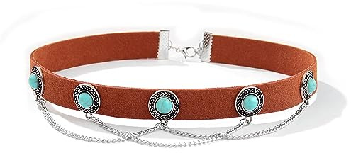 OIDEA Choker-kedja, boho-halsband, damer med turkos, strass och tofsar, brun-röd, halsband, choker av sammet, smal boho, retrostil, halloween halsbandspresent, Sammet