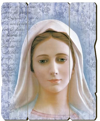 Fratelli Bonella | Quadro In Legno Sagomato Stile Vintage della Madonna di Medjugorje f.to 28,5x35,5 cm | Made in Italy