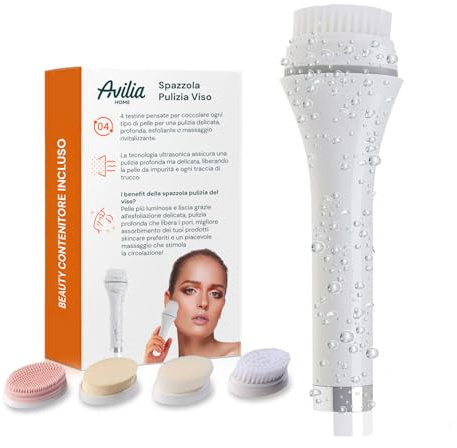Avilia - Spazzola Pulizia Viso Ultrasonica 4 in 1 per Tutti i Tipi di Pelle con Testine Lavabili per Rimozione Efficace di Impurità e Tracce di Trucco, Esfoliazione, Massaggio e Uso sotto la Doccia