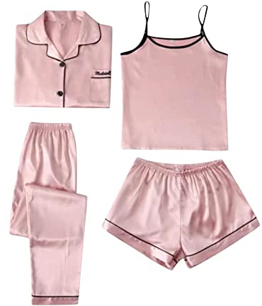 Pyjamasset dam set 4 delar – satinpyjamas dam set 4, satin pyjamas set nattkläder dam sidenpyjamas kortärmad grov silke pyjamasset hemmadräkt loungewear pyjamas set nattkläder sovbyxor