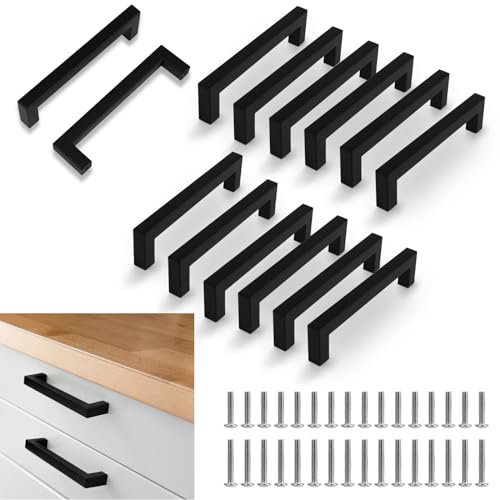 flintronic 12 Piezas 128mm Armario Tiradores, Cocina en Forma de T Negro Tiradores, Tiradores de Armario, Manijas de Puerta de Cajón de Cocina, para Oficina Gabinete Empotrado Con 28 Tornillos