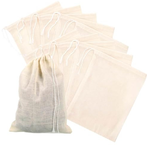 CQXSYTBN 10 Pièces Etamine Alimentaire, 20 x 30cm Sac en Mousseline de Coton, Sac en coton avec Cordon de Serrage, Étamine Tissu en Coton pour Filtrer Jus, Thé, Fromage