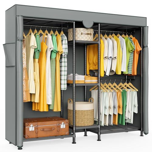 LEHOM Heavy Duty Garment Rack - LG6C Freestanding Metal Clothing Closet Wardrobe with Gray Oxford Fabric Cover, Adjustable Large Wire Clothes Rack for Bedroom