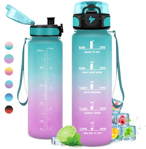 Botella Agua Niños 500ml, Botella Agua Deporte, Botella Agua Gimnasio, Botella Agua Motivadora y Prueba de Fugas, Reutilizable, Garrafa Agua para Niño, Colegio, Preescolar, Guardería, Bicicleta, Gym