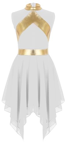 Oyolan Kinder Mädchen Tanzkleid Metallic Liturgical Ärmellos Asymmetrischer Kleid Ballettkleid Tango Salsa Anbetungs Lob Kleid Tanz Kostüm Weiß 170-176