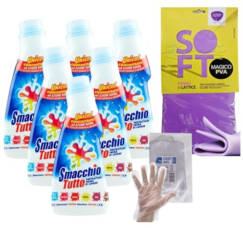 FEIFAN Smacchio Tutto Concentrato, Efficace su Tutte le Macchie, Dotata di Spazzolina Erogatrice, 250ml + OMAGGIO Panno in Lattice E 100pz Guanti HDPE Monouso(6 Flaconi+1 Panno Lattice+Guanti Monouso)