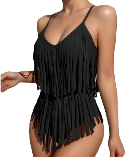 Women's One Piece Swimsuit Fringe Tassels Swimsuit Bikini Swimwear Tummy Control Swimming Costume Ladies Bathing Suit Push Up Backless Adjustable Straps Swimwear