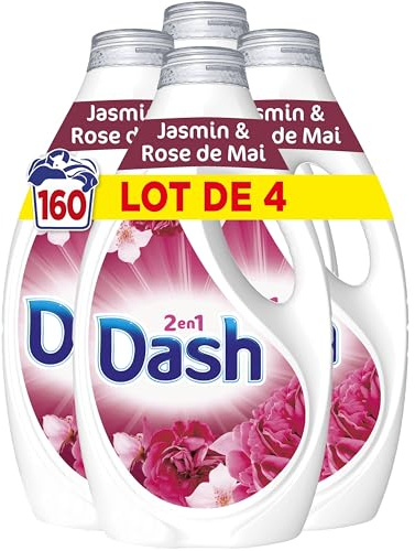 Dash 2en1 Lessive Liquide, 160 Lavages (4 x 40 Lavages), Jasmin et Rose de Mai, avec 3 SEMAINES DE FRAÎCHEUR* et Lenor, Fabriquée En France, Dash 2in1