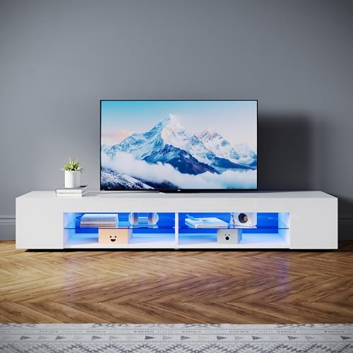 SONNI TV-Schrank Modern 180cm, Lowboard Hochglanz Weiß mit 16 Farben LED-Beleuchtung, Glasböden, 6 offene Regale für Fernseher bis 65 Zoll, Fernsehtisch für Wohnzimmer & Schlafzimmer, 180x39x30cm.