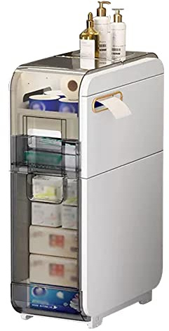 Armadietto da bagno sottile con cassetti trasparenti e ruote, salvaspazio, verticale, per articoli da toeletta e porta carta igienica, stretto in plastica per piccoli spazi