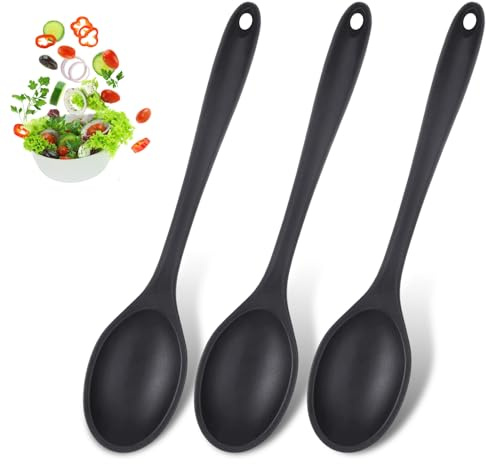 3 Pz Set di Utensili da Cucina in Silicone, Cucchiaio da Cucina in Silicones, Spatole e Cucchiai in Silicone Antiaderente Resistente al Calore per Cucinare, Cuocere, Mescolare, Servire(Nero)