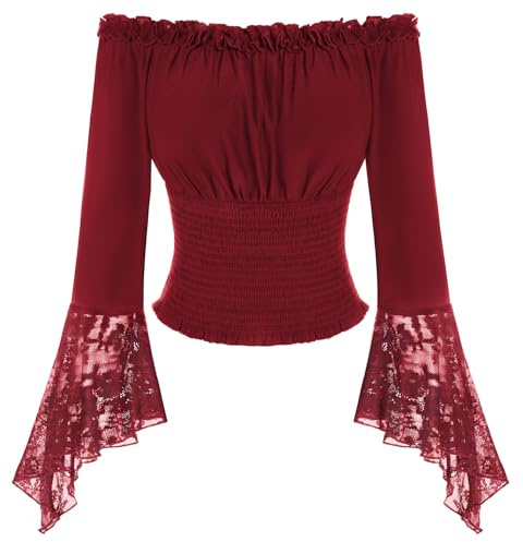 Scarlet mörker dam renässans blus långärmad med spets axellös toppar mjuk midja topp, röd, XL