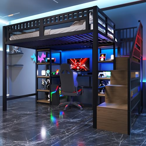 Kebnor Cama alta, marco de hierro, estante de almacenamiento, escalera con espacio de almacenamiento, escritorio, barra de luces LED, puerto USB incluido, sin colchón (negro, 140 x 200 cm)
