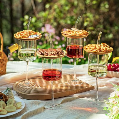 Imourari Vinglas set om 400 ml – transparent rödvinsglas med sugrör bambulock, vitvinsglas för rödvin vitt vin, iskaffe latte matcha