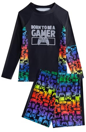 JiAmy Jungen 2-teiliges Schwimmset, Gaming-Badeanzug, langärmelig, UV-Rashguard-Shirts mit Badehose, große Jungen-Badeanzug für 5–14 Jahre, Black-Game, 13 - 14 Jahre