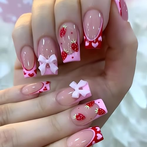 24Pcs Strawberry French Tips Press on Nails Medium Square with Bow-knot Rhinestones Design Strawberry Acrylic Coffin Reusable Fake Nails for Women Girls Fingernails Decoration