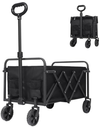 Folding Wagon Cart, Collapsible Utility Trolley with Adjustable Handle, 80L Capacity, 120kg Load Capacity, Portable Camping Cart with Storage Pockets (Black)