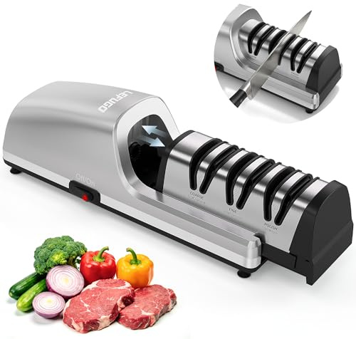 LEFUGO Electric Knife Sharpener for Kitchen Knives, Detachable Sharpening Head, 3-Stage Knife Sharpener Electric, 100% Diamond Abrasive, 15-Degree Precision Angle, Fast Sharpening, Polish (Silver)