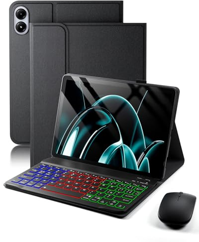 Para Xiaomi Redmi Pad 2 Pro(2025)/Xiaomi Redmi Pad Pro (2024)/ POCO Pad(2024) 12.1 pulgadas funda con Teclado inalámbrico Bluetooth retroiluminado (teclado QWERTY distribución española) y ratón, Negro