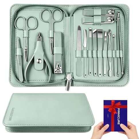 Wosyoodo Kit de Manicura y Pedicura Profesional 17 en 1 en Verde, Set de Cortauñas de Acero Inoxidable con Estuche de Viaje Duradero, Portátil para Cuidado en Casa y Viaje, para Hombres y Mujeres
