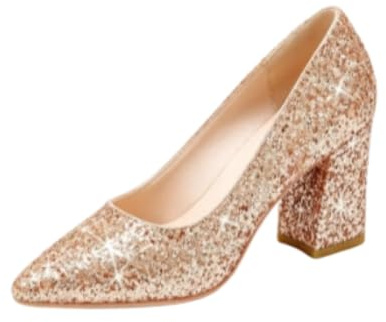 Genérico Zapatos Novia Brillantina Punta Fina Tacón Ancho Elegantes Fiesta