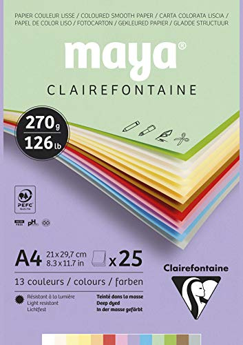 Clairefontaine 975336C Bloc Encollé Papier Dessin Maya - 25 Feuilles Papier Dessin Lisse Couleurs Pastel Assorties - A4 21x29,7 cm 270g - Idéal pour les Activités Créatives