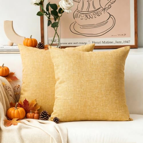 Home Brilliant Yellow Cushion Covers 45 x 45 for Sofa Bed, Burlap Decorative Square Pillows for Bed, Plain Linen Cushion Cover 18x18 Inch Summer Decor, Set of 2, 45cm, Yellow