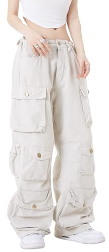 Baggy cargobyxor för kvinnor Y2K kläder flera fickor avslappnad passform jeans fe grunge kläder Alt Emo streetwear, BEIgE, M
