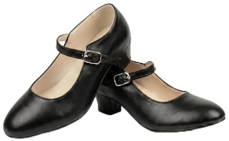 Tacchi Fenicottero iniziazione per ragazza e donna, chiusura con fibbia, scarpe flamenca, sivigliane, danza spagnola, taglie 24 a 41, Nero , 33 EU